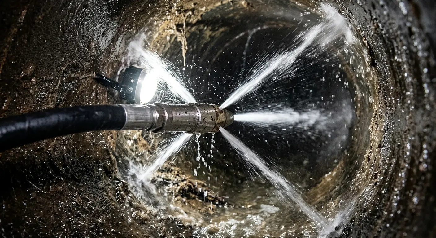High-pressure hydro jetting nozzle cleaning sewer pipe for Trenchless Sewer Repair in Shrewsbury